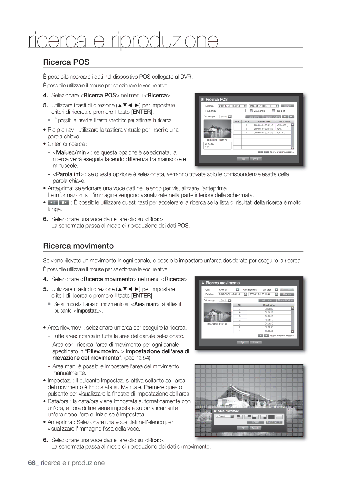 Samsung SHR-6082P, SHR-6162P manual Ricerca movimento, Selezionare Ricerca POS nel menu Ricerca 