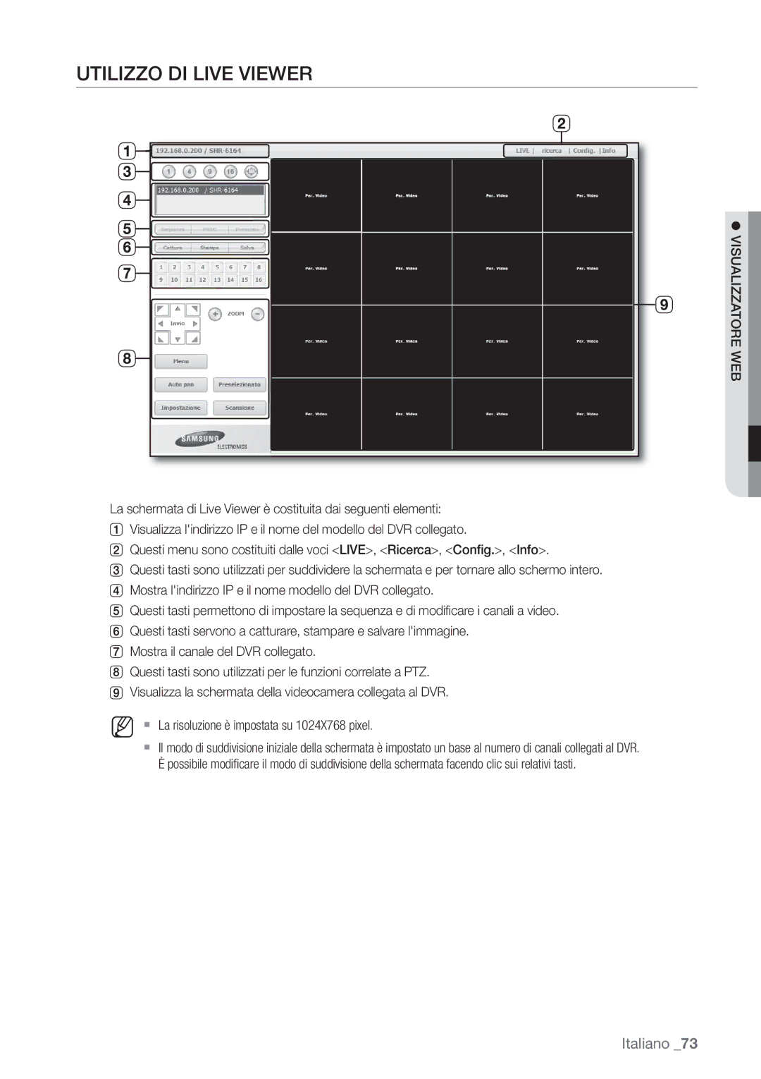 Samsung SHR-6162P, SHR-6082P manual Utilizzo DI Live Viewer 