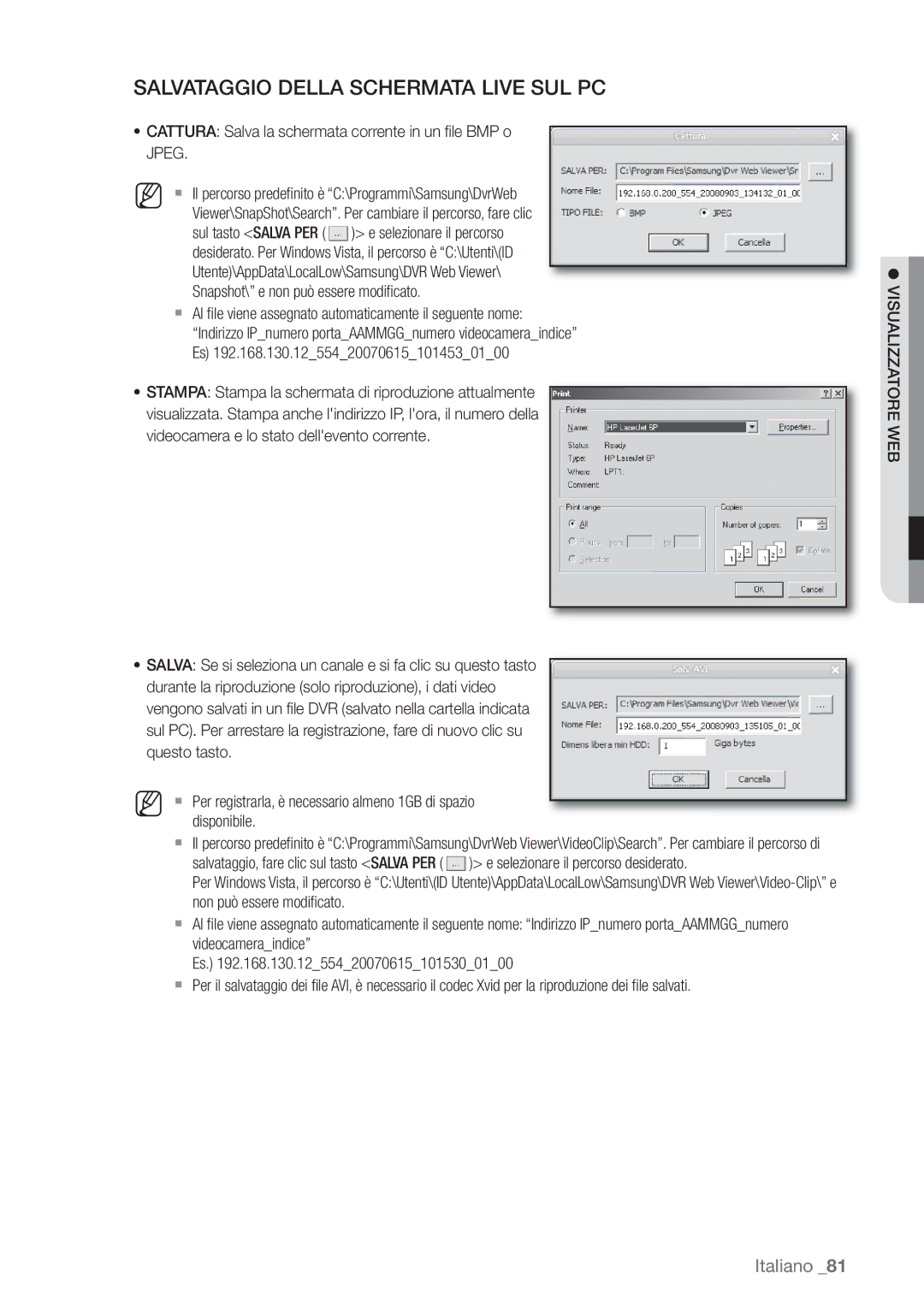 Samsung SHR-6162P, SHR-6082P manual Salvataggio Della Schermata Live SUL PC 