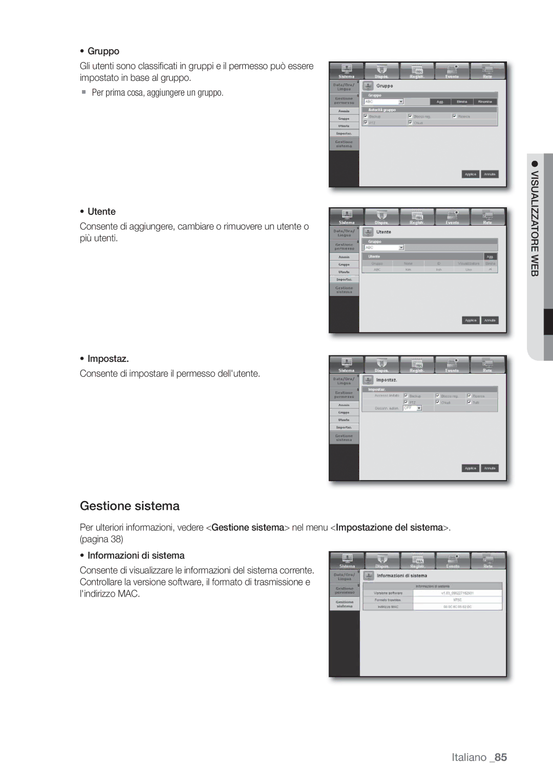 Samsung SHR-6162P, SHR-6082P manual Gestione sistema,  Visualizzatore WEB 