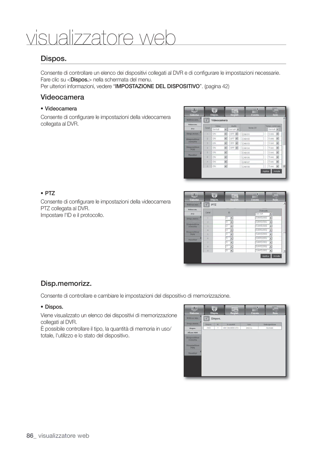 Samsung SHR-6082P, SHR-6162P manual Dispos, Videocamera, Disp.memorizz 