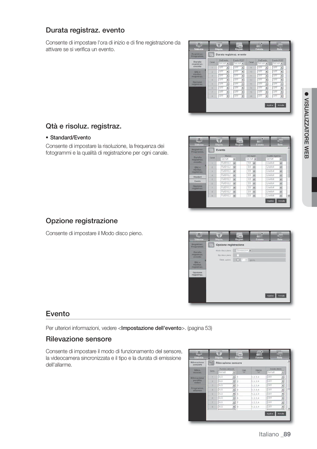 Samsung SHR-6162P Evento, Durata registraz. evento, Qtà e risoluz. registraz, Opzione registrazione, Rilevazione sensore 