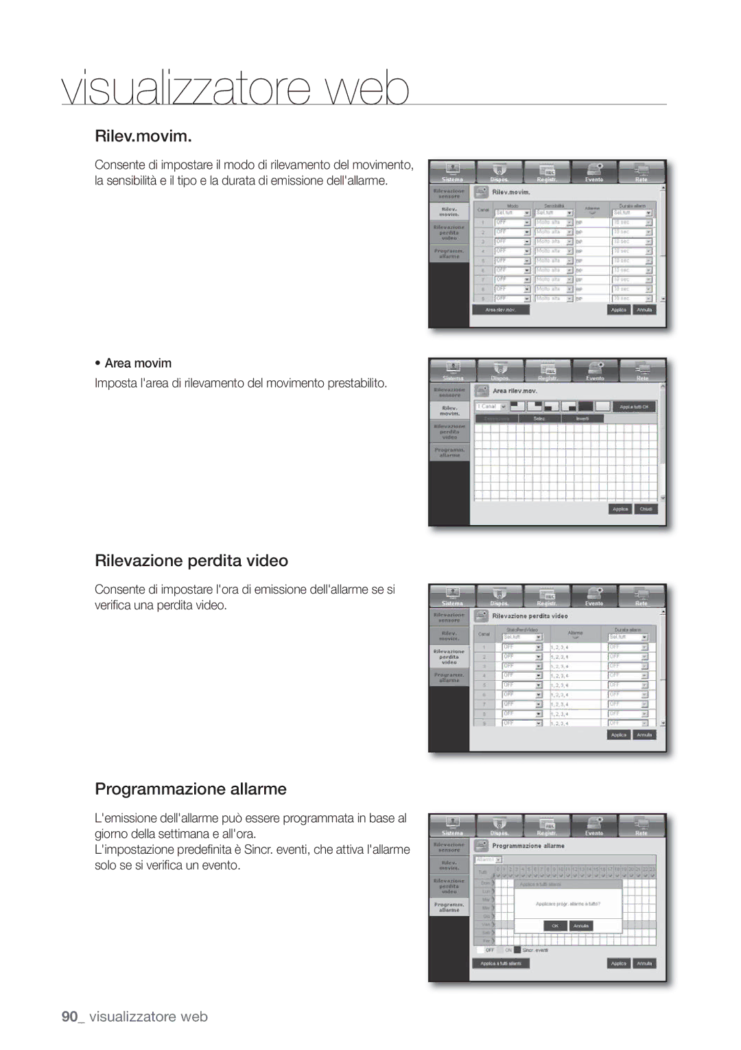 Samsung SHR-6082P, SHR-6162P manual Rilev.movim, Rilevazione perdita video, Programmazione allarme 