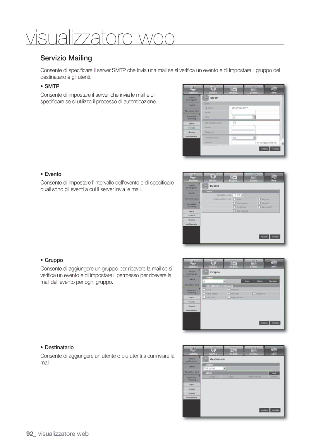 Samsung SHR-6082P, SHR-6162P manual Servizio Mailing, Smtp, Evento 