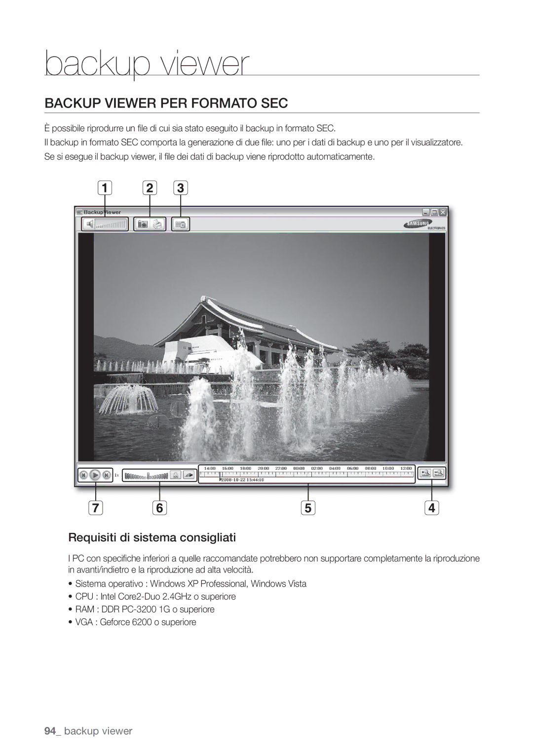 Samsung SHR-6082P, SHR-6162P manual Backup Viewer PER Formato SEC, Requisiti di sistema consigliati 