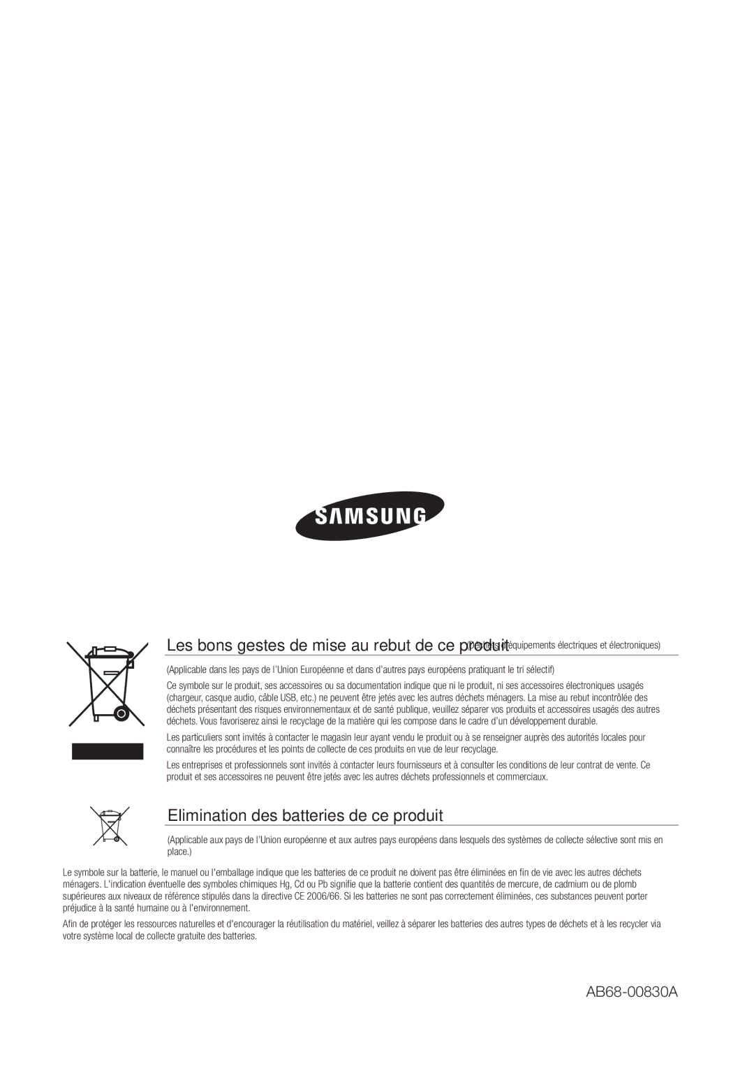 Samsung SHR-6162P, SHR-6164P manual Elimination des batteries de ce produit 