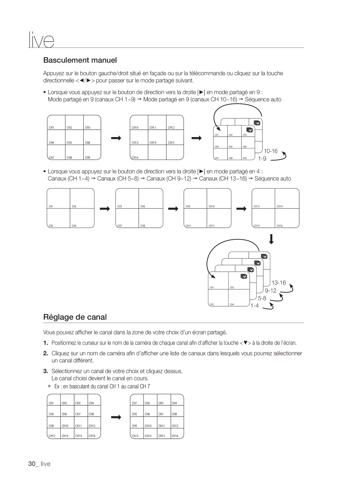 Samsung SHR-6162P, SHR-6164P manual Réglage de canal, Basculement manuel, Canaux CH 9~12 Canaux CH 13~16 