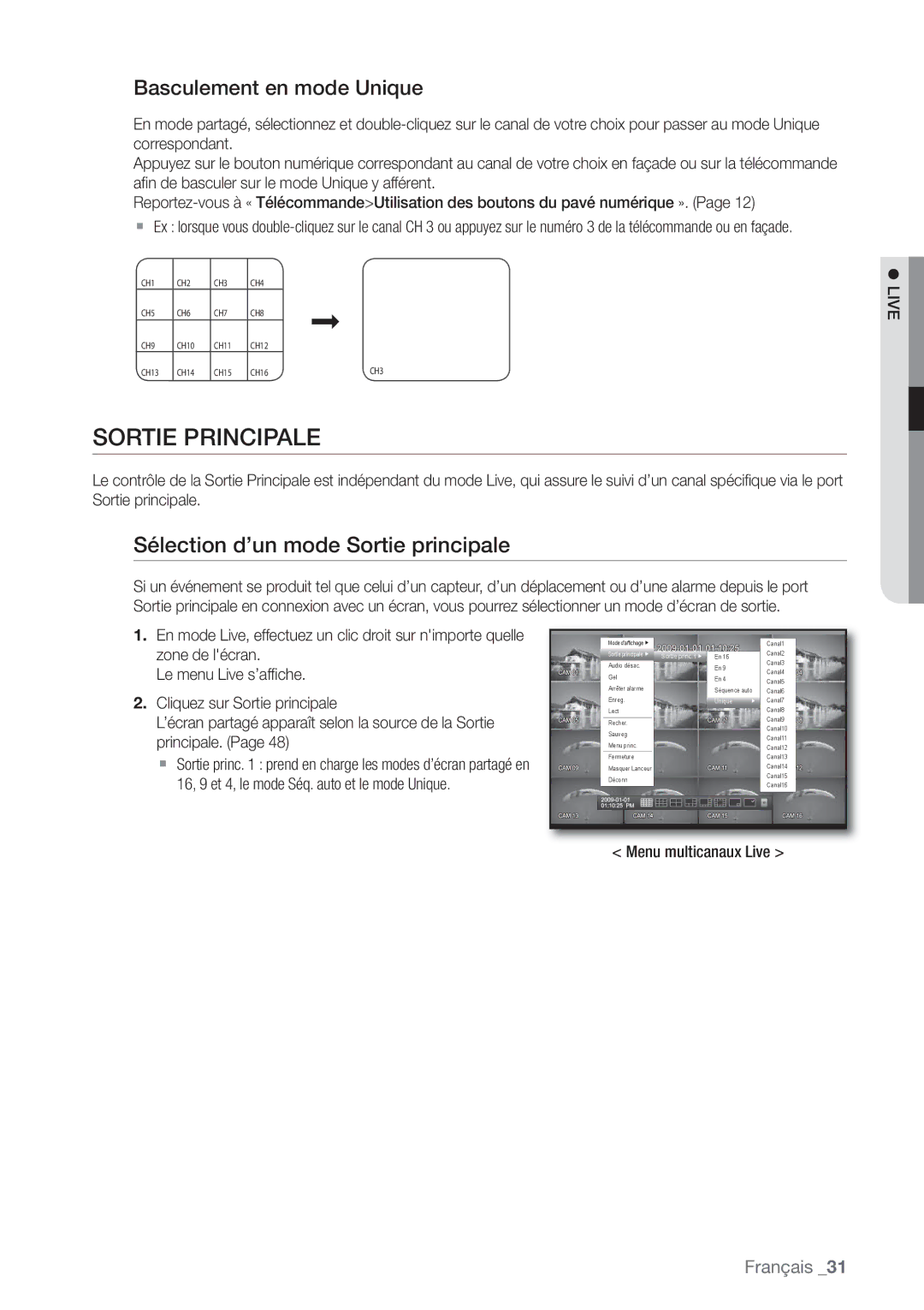 Samsung SHR-6164P, SHR-6162P manual Sortie Principale, Sélection d’un mode Sortie principale, Basculement en mode Unique 