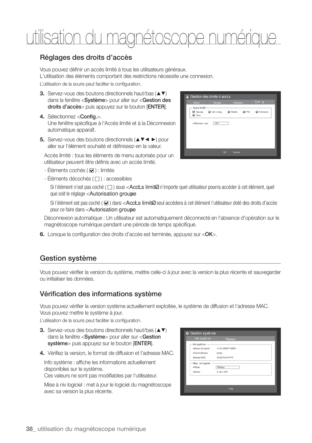 Samsung SHR-6162P, SHR-6164P manual Gestion système, Réglages des droits d’accès, Vériﬁcation des informations système 