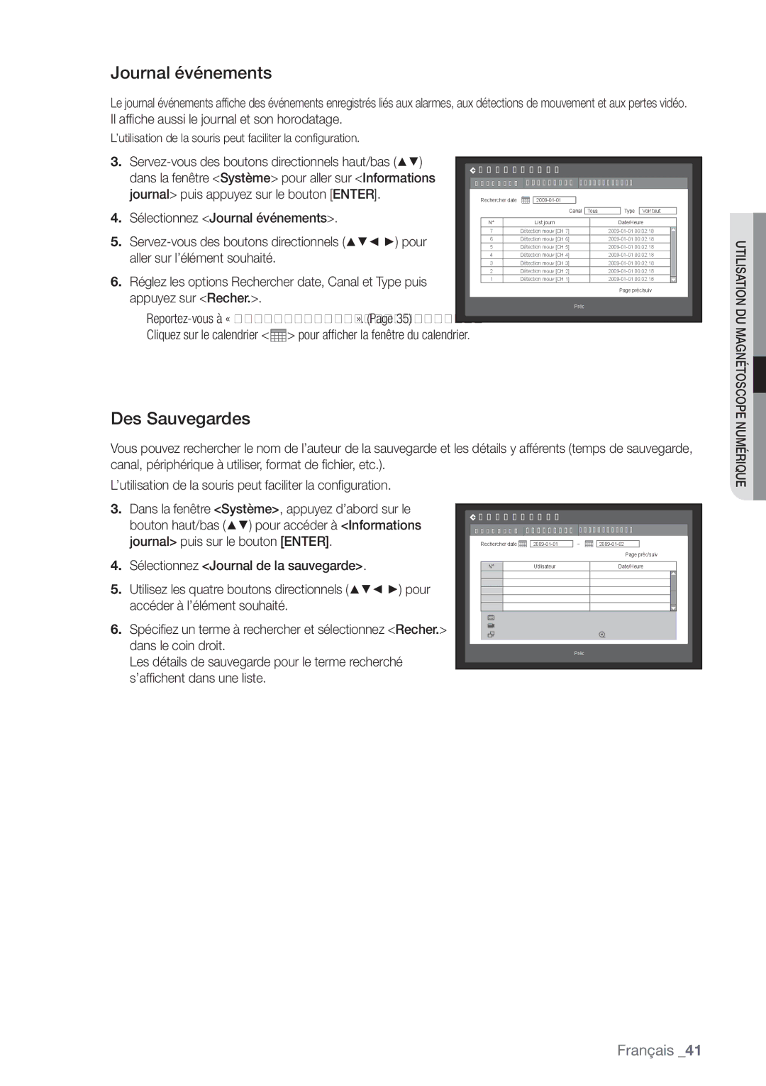 Samsung SHR-6164P, SHR-6162P manual Journal événements, Des Sauvegardes 