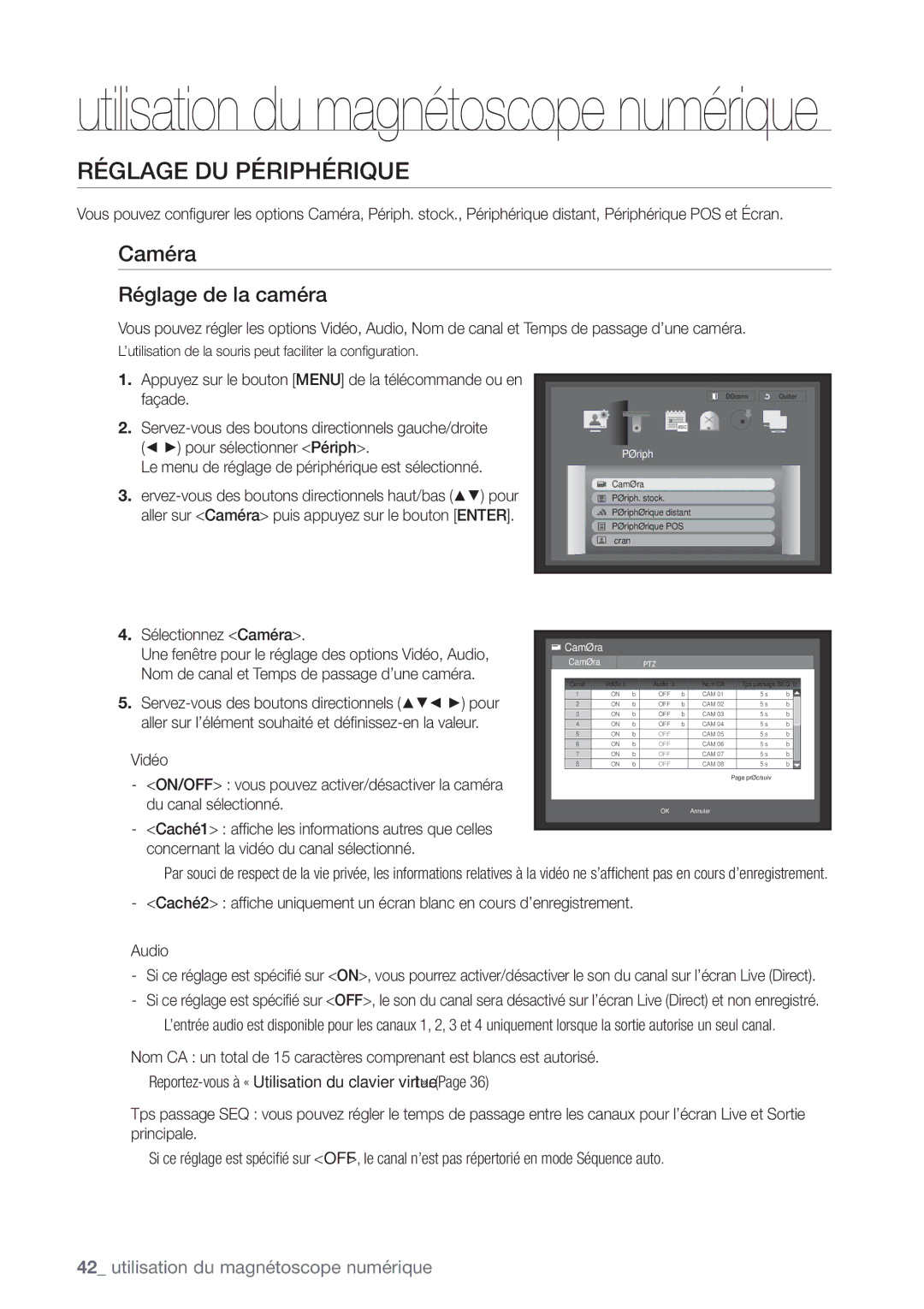 Samsung SHR-6162P, SHR-6164P manual Réglage DU Périphérique, Réglage de la caméra, Sélectionnez Caméra 