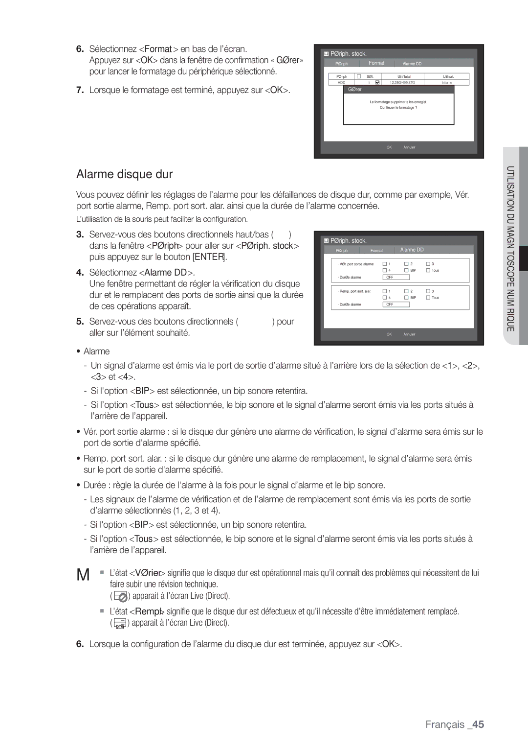 Samsung SHR-6164P, SHR-6162P manual Alarme disque dur, Sélectionnez Format en bas de l’écran 