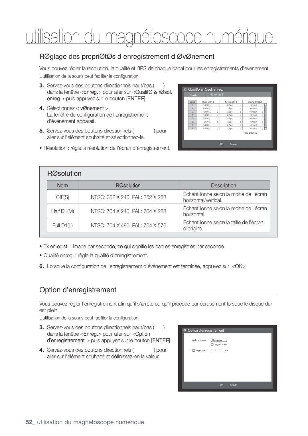 Samsung SHR-6162P, SHR-6164P manual Option denregistrement, Réglage des propriétés d’enregistrement d’événement, Résolution 