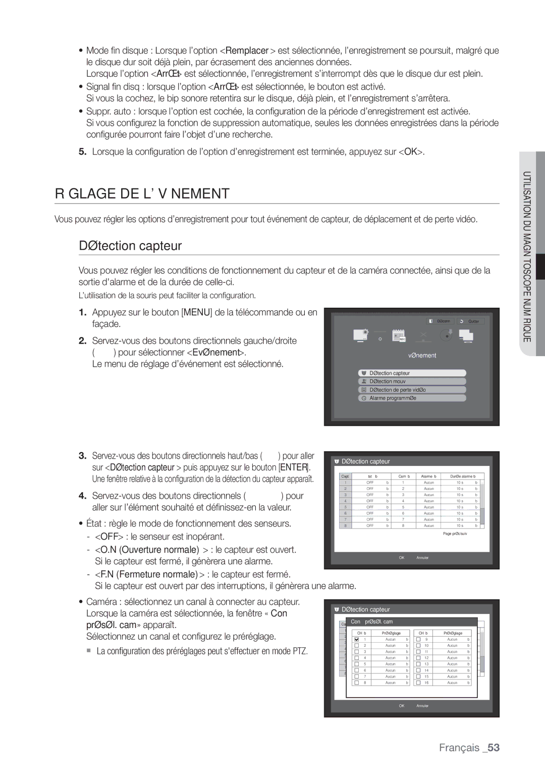 Samsung SHR-6164P, SHR-6162P manual Réglage DE Lévénement, Détection capteur, Le menu de réglage d’événement est sélectionné 