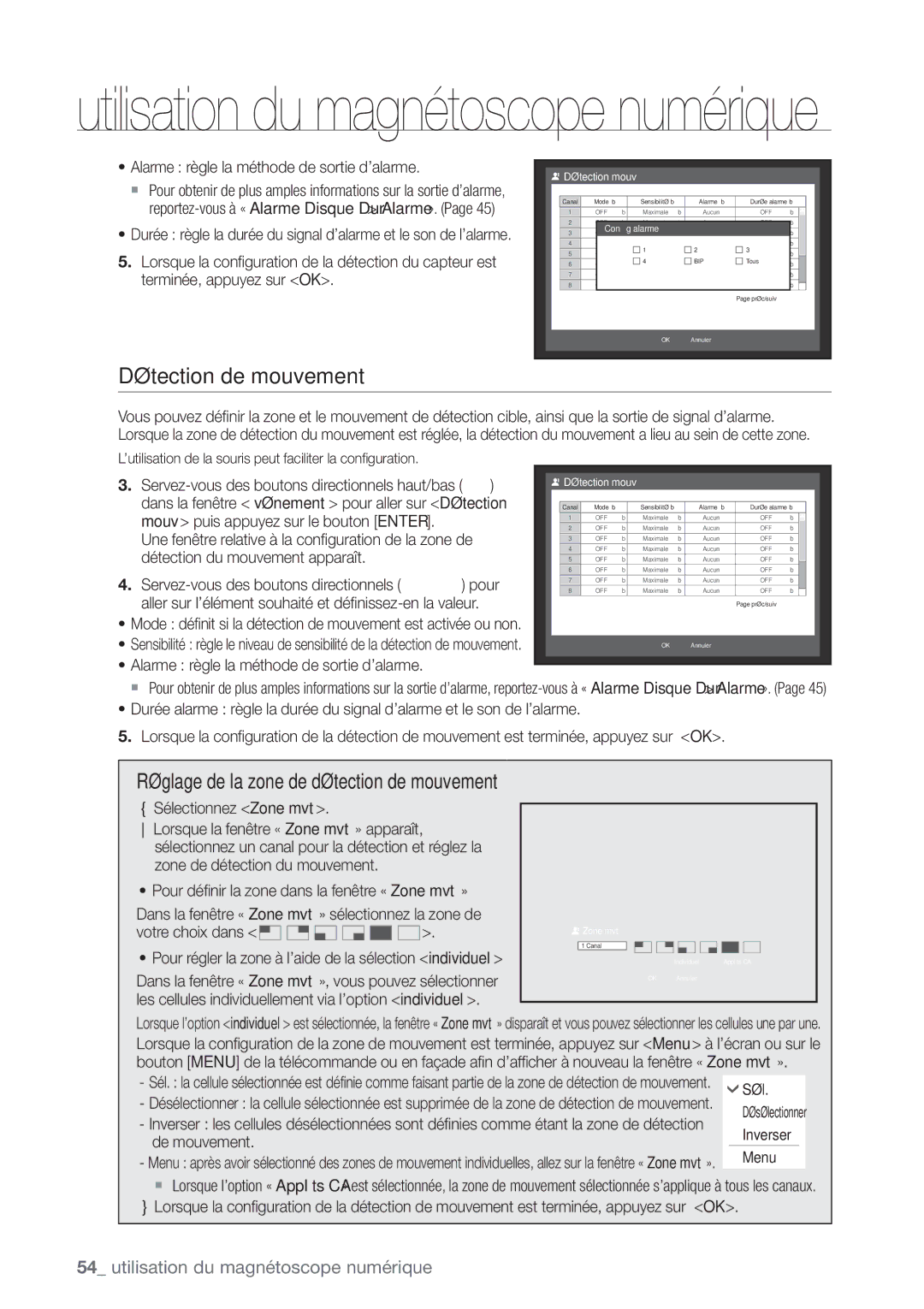 Samsung SHR-6162P, SHR-6164P manual Détection de mouvement, Réglage de la zone de détection de mouvement 