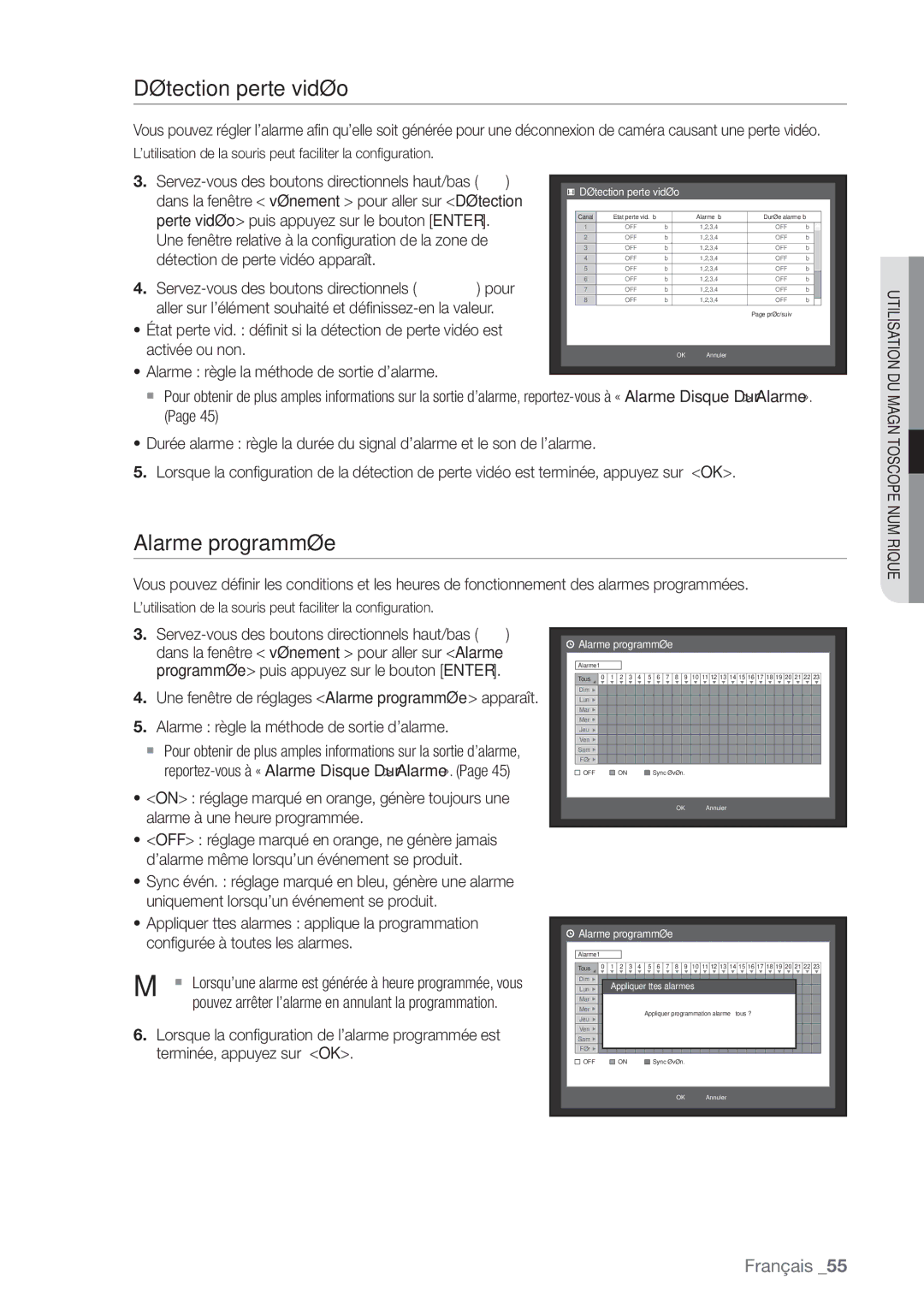 Samsung SHR-6164P, SHR-6162P manual Détection perte vidéo, Alarme programmée 