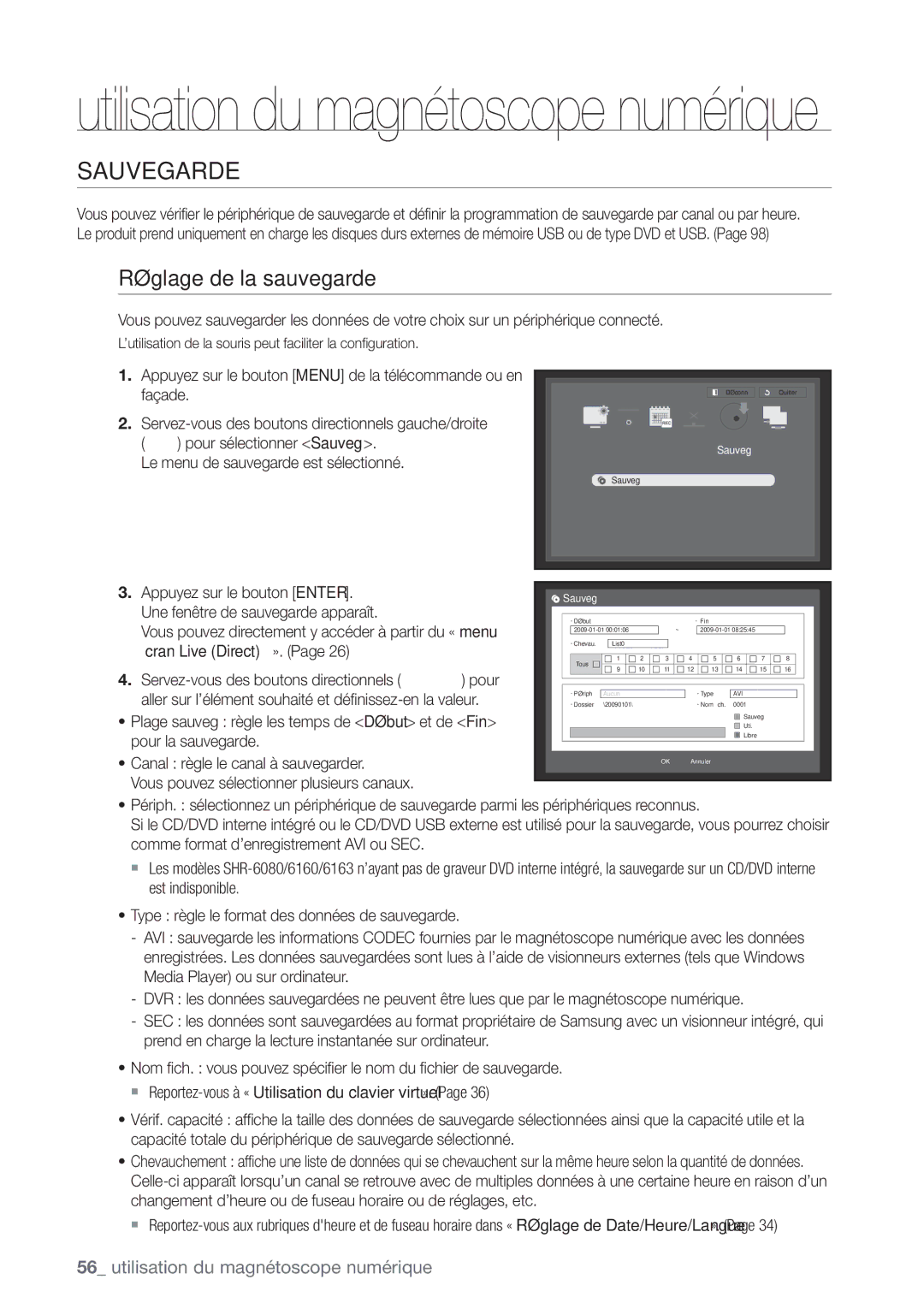 Samsung SHR-6162P, SHR-6164P manual Sauvegarde, Réglage de la sauvegarde, Le menu de sauvegarde est sélectionné 