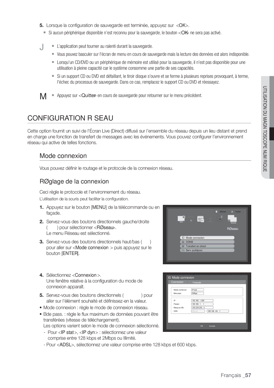 Samsung SHR-6164P, SHR-6162P manual Configuration Réseau, Mode connexion, Réglage de la connexion 