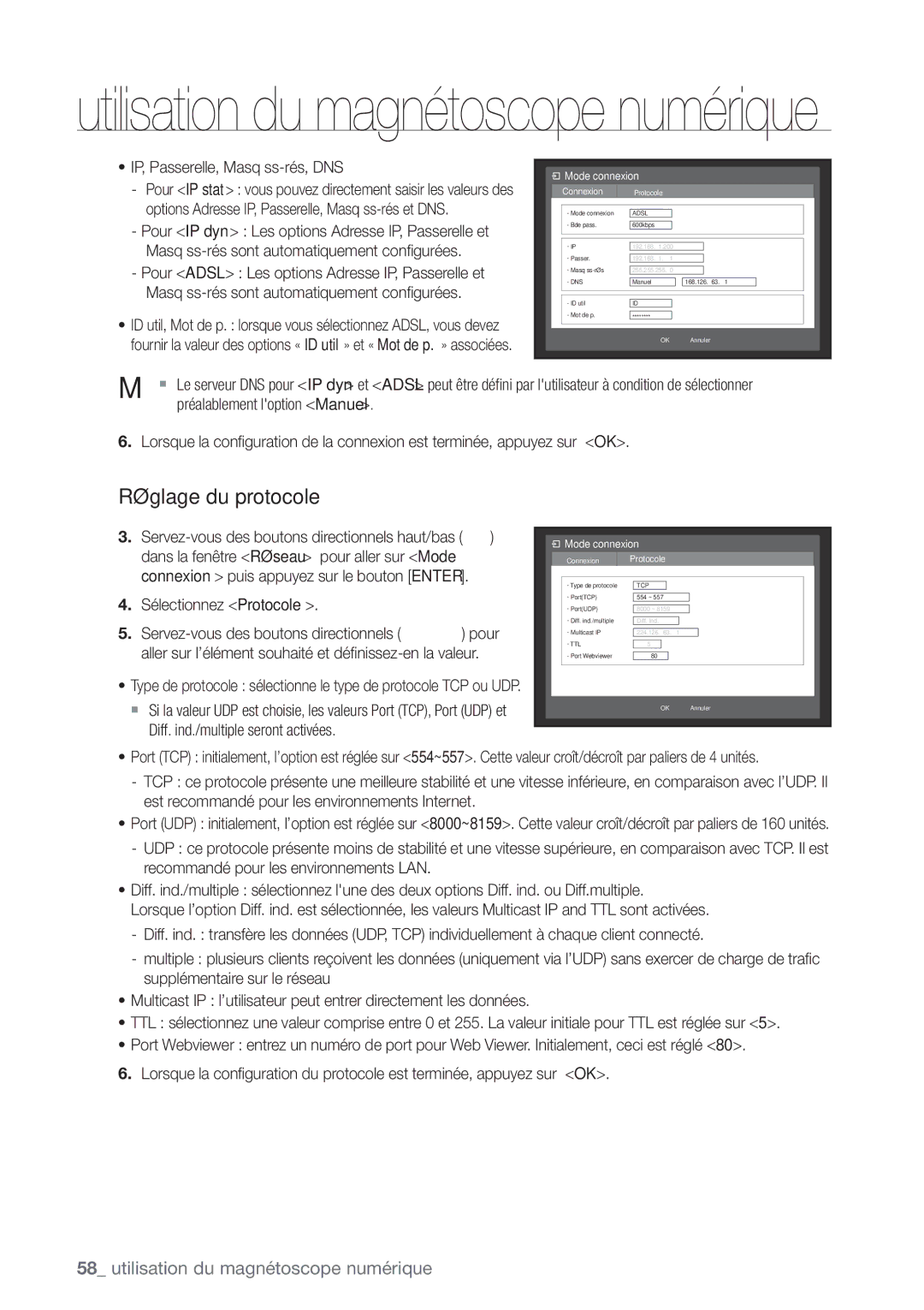 Samsung SHR-6162P, SHR-6164P manual Réglage du protocole, IP, Passerelle, Masq ss-rés, DNS, Sélectionnez Protocole 