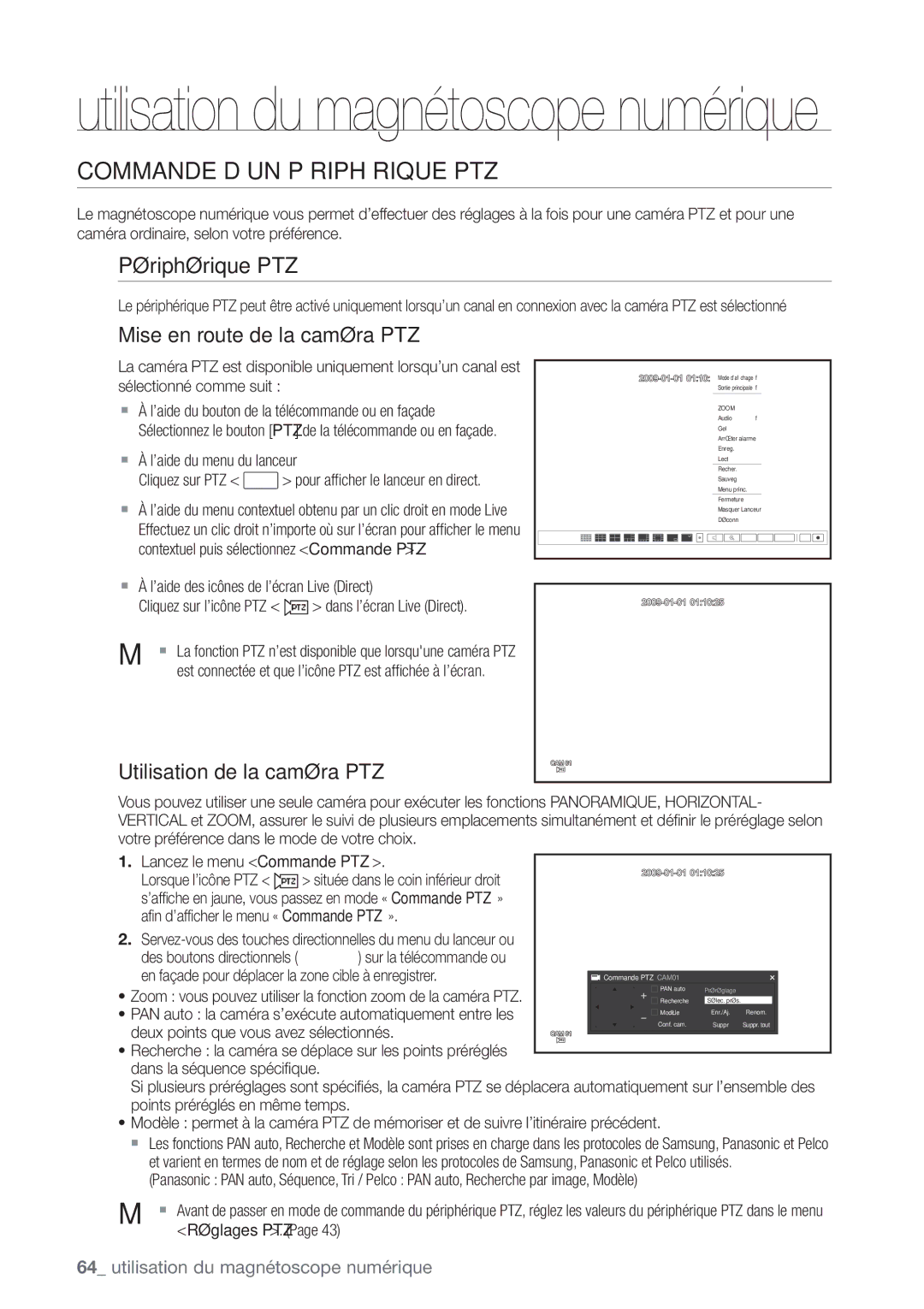 Samsung SHR-6162P, SHR-6164P Commande D’UN Périphérique PTZ, Mise en route de la caméra PTZ, Utilisation de la caméra PTZ 