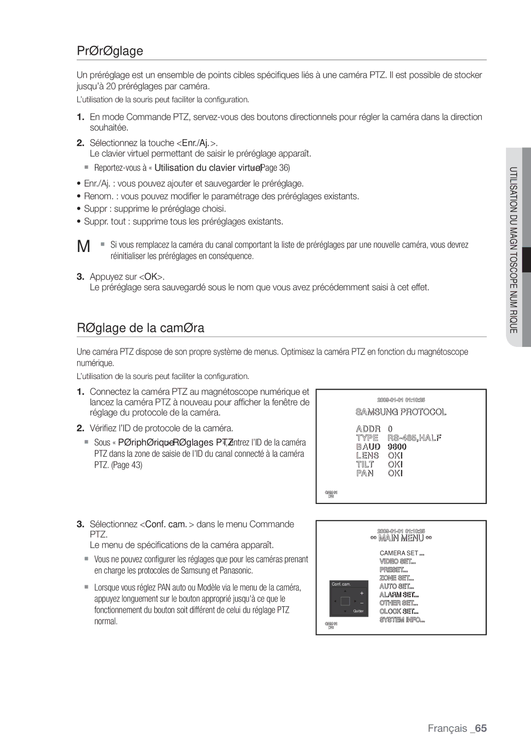 Samsung SHR-6164P, SHR-6162P manual Préréglage, Réglage de la caméra 