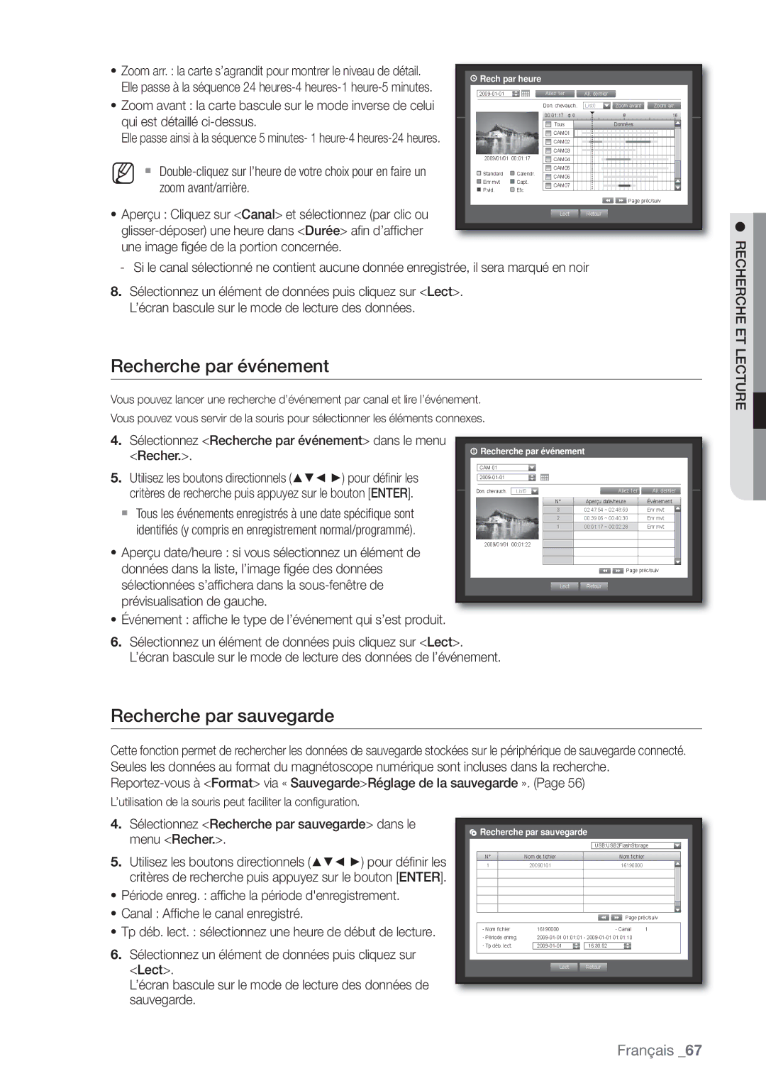 Samsung SHR-6164P, SHR-6162P manual Recherche par événement, Recherche par sauvegarde, Recherche ET Lecture 