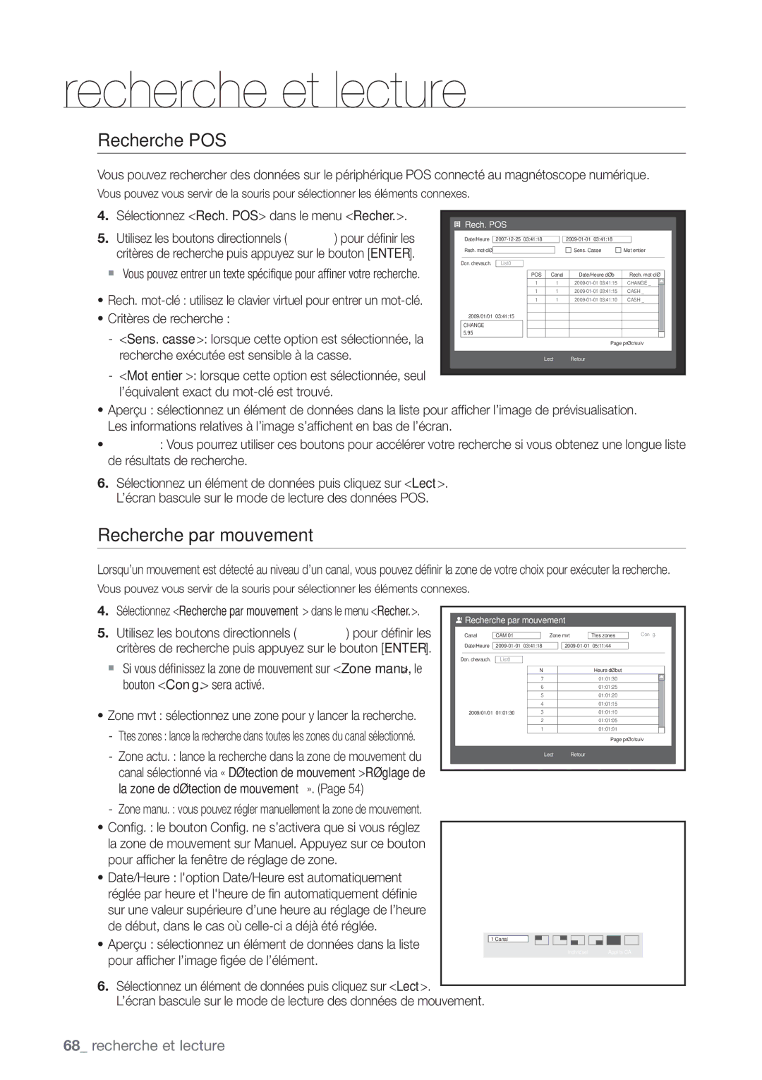 Samsung SHR-6162P, SHR-6164P manual Recherche POS, Recherche par mouvement 