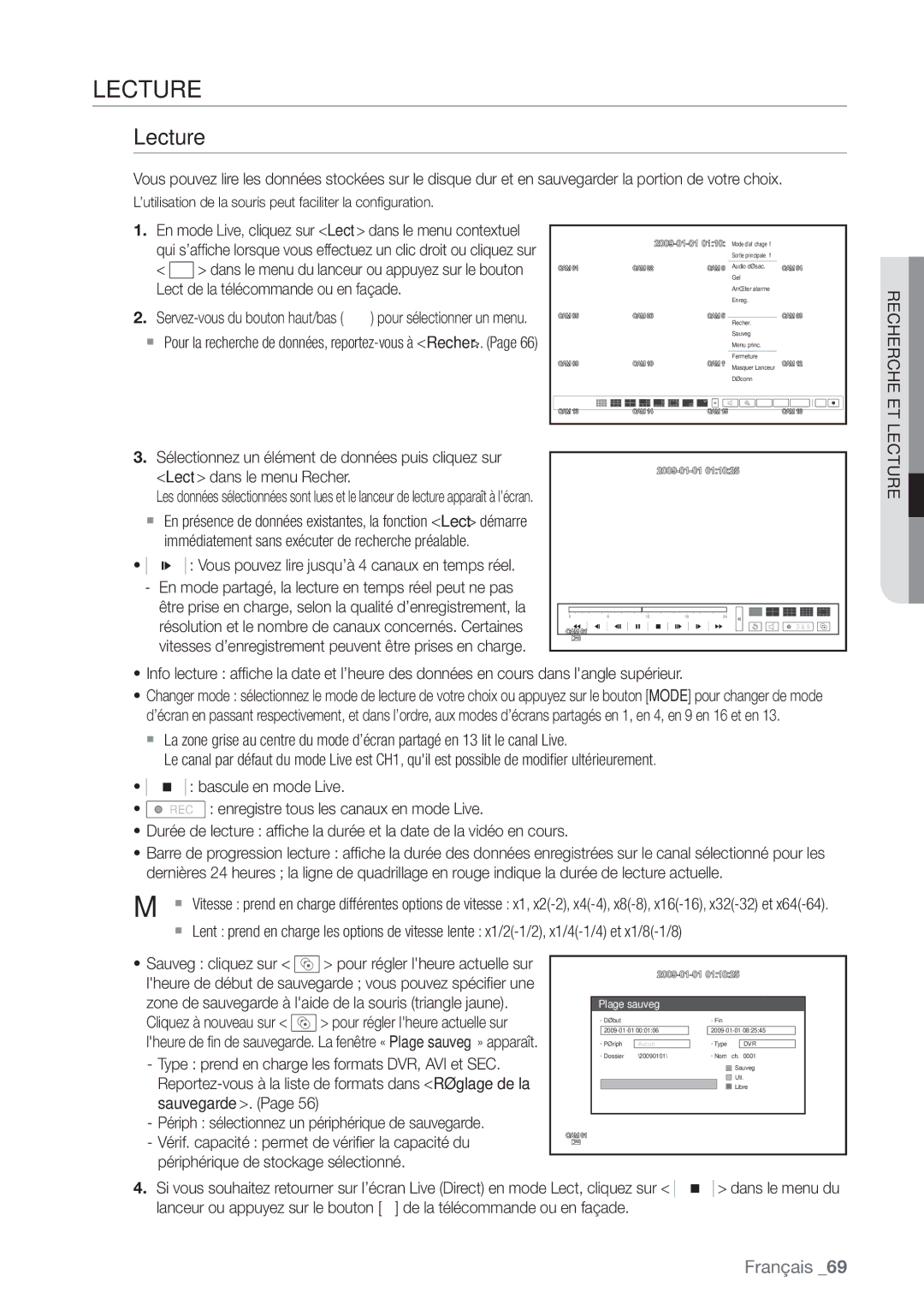 Samsung SHR-6164P, SHR-6162P manual Lecture, Recherche, Plage sauveg 