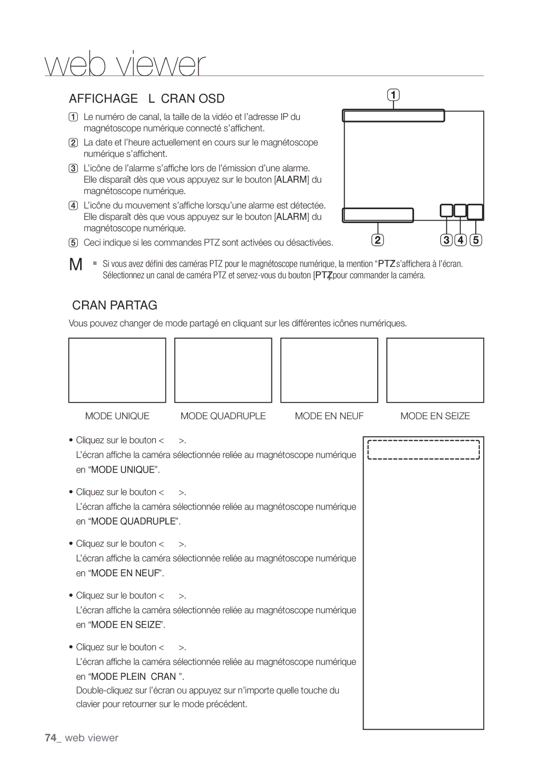 Samsung SHR-6162P, SHR-6164P manual Affichage À L’ÉCRAN OSD, Mode Unique Mode Quadruple Mode EN Neuf 