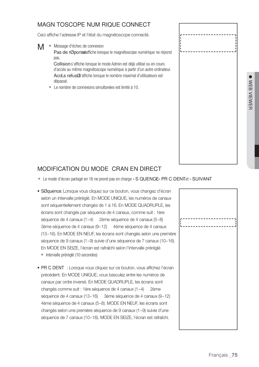 Samsung SHR-6164P, SHR-6162P manual  Le nombre de connexions simultanées est limité à,  Intervalle préréglé 10 secondes 