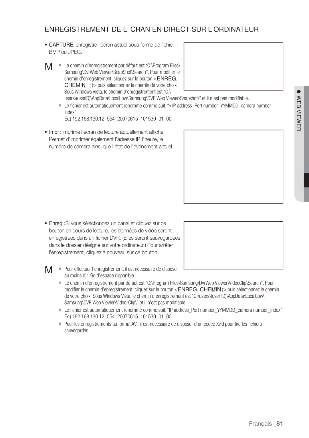 Samsung SHR-6164P, SHR-6162P manual Enregistrement DE L’ÉCRAN EN Direct SUR L’ORDINATEUR 