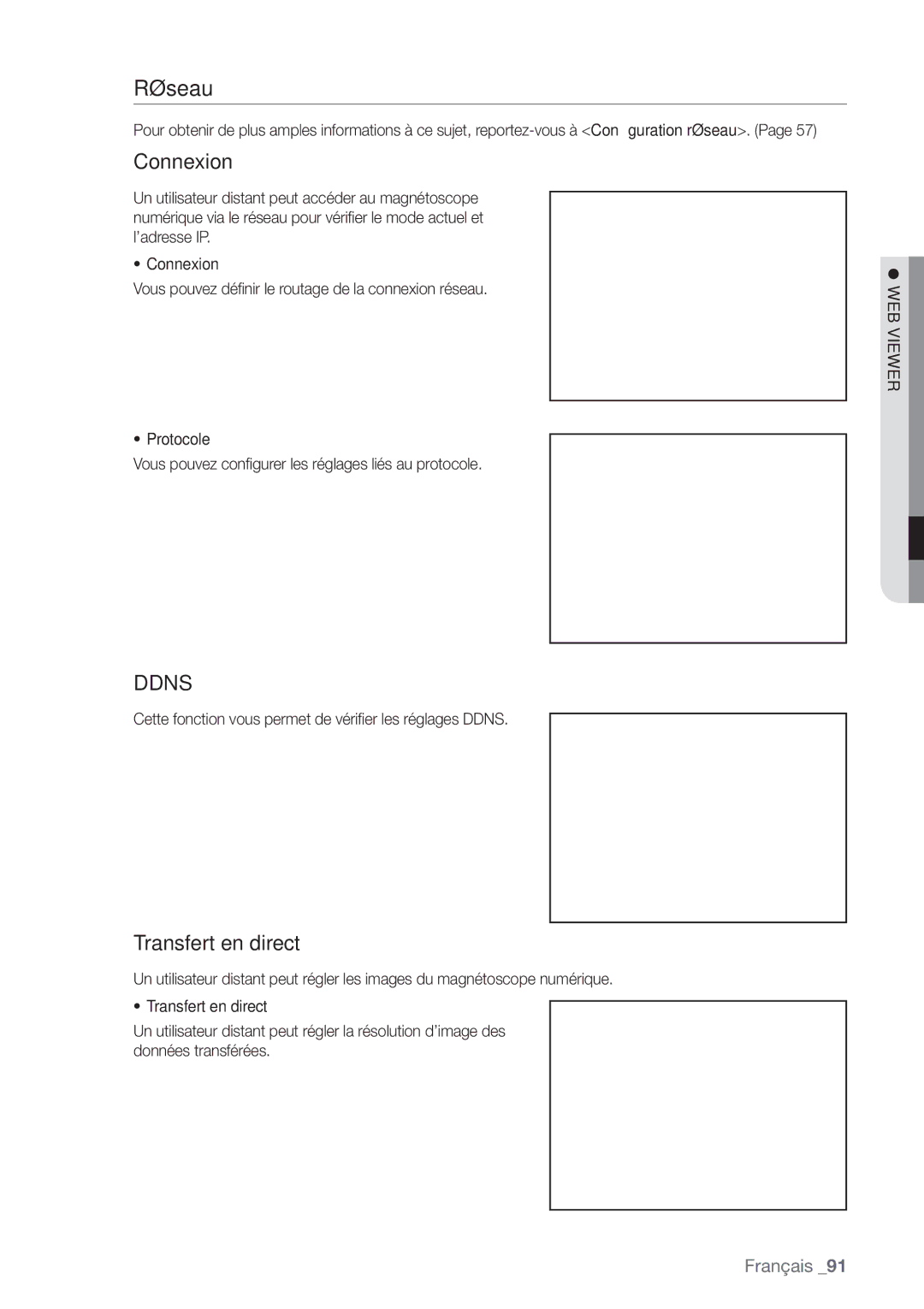 Samsung SHR-6164P manual Réseau, Connexion, Transfert en direct, Cette fonction vous permet de vériﬁ er les réglages Ddns 