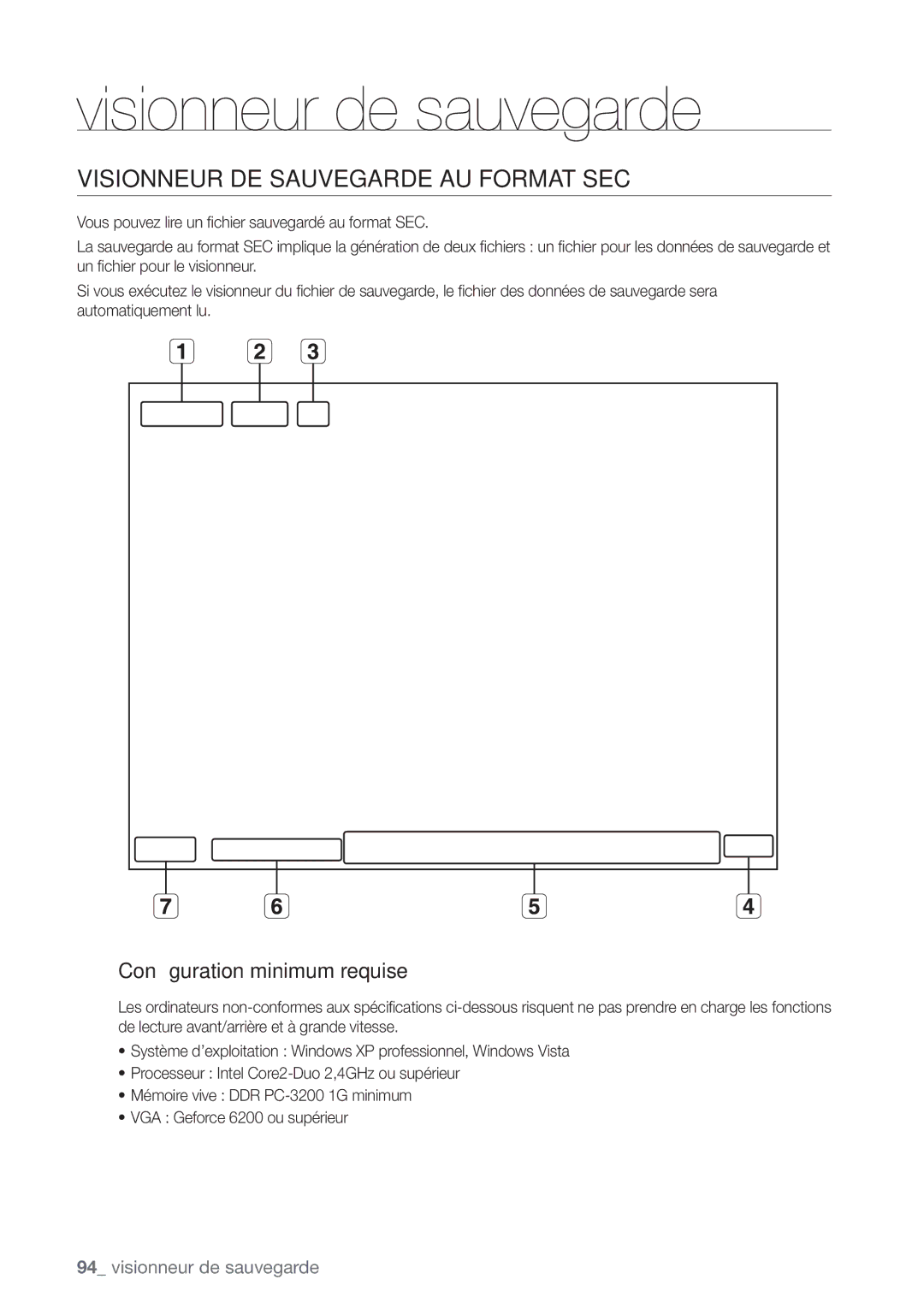 Samsung SHR-6162P, SHR-6164P manual Visionneur DE Sauvegarde AU Format SEC, Conﬁguration minimum requise 