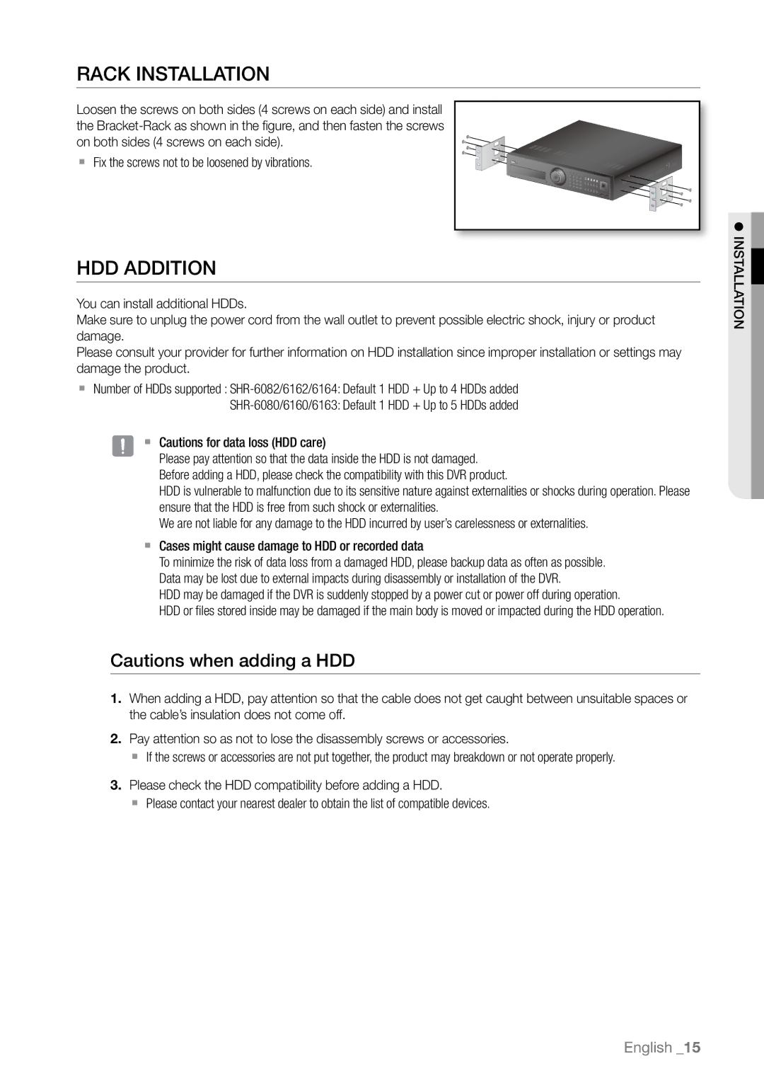 Samsung SHR-6164P manual Rack Installation, HDD Addition,  Fix the screws not to be loosened by vibrations,  Installation 