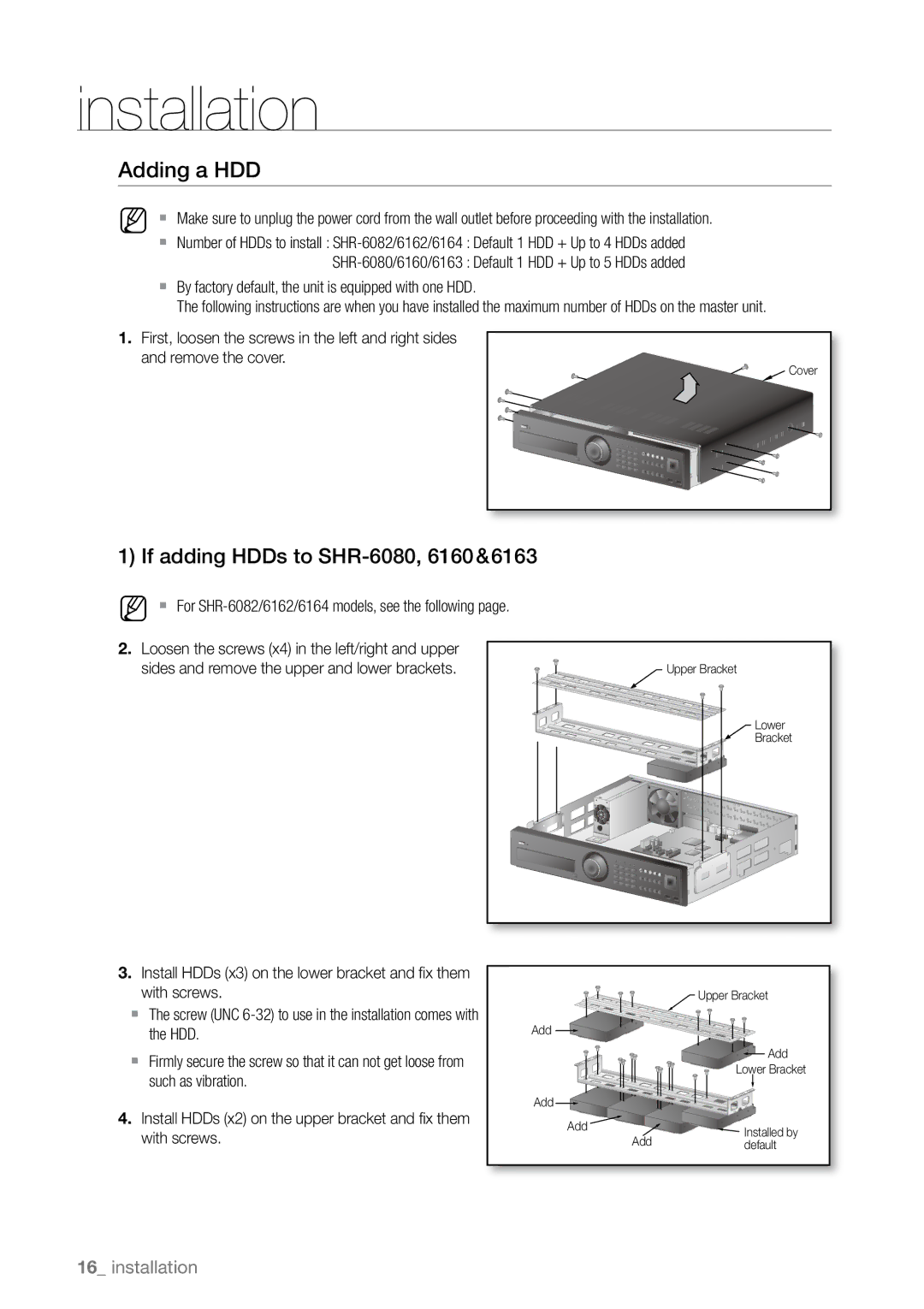 Samsung SHR-6164P/CDM, SHR-6163P, SHR-6080P, SHR-6160P, SHR-6082P manual Adding a HDD, If adding HDDs to SHR-6080, 6160&6163 