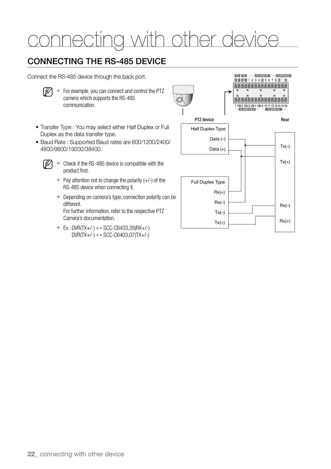 Samsung SHR-6160P, SHR-6163P, SHR-6080P manual Connecting the RS-485 Device, Connect the RS-485 device through the back port 