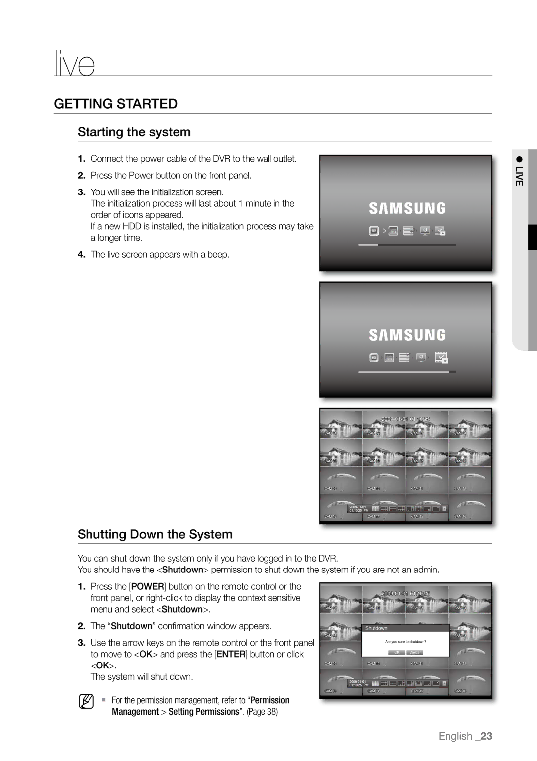 Samsung SHR-6082P, SHR-6163P, SHR-6080P, SHR-6160P Getting Started, Starting the system, Shutting Down the System,  Live 