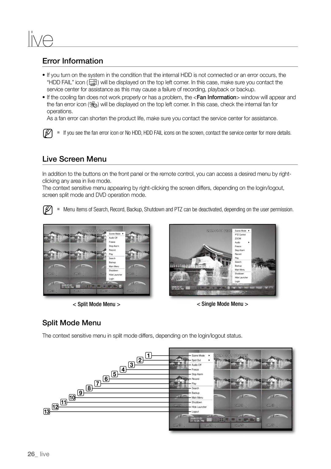 Samsung SHR-6164P/CDM, SHR-6163P, SHR-6080P, SHR-6160P, SHR-6082P manual Error Information, Live Screen Menu, Split Mode Menu 