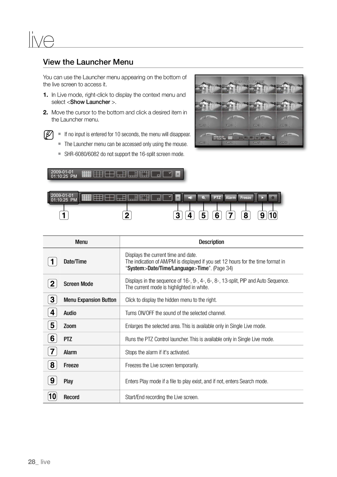 Samsung SHR-6162N manual View the Launcher Menu, SystemDate/Time/LanguageTime, Current mode is highlighted in white, Ptz 