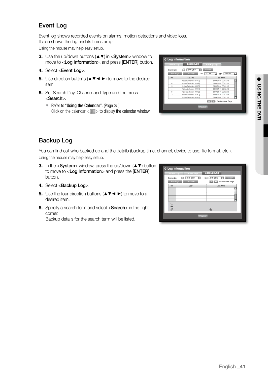 Samsung SHR-6080P, SHR-6163P, SHR-6160P, SHR-6082P, SHR-6162P, SHR-6164P/CDM, SHR-6082N, SHR-6162N manual Event Log, Backup Log 