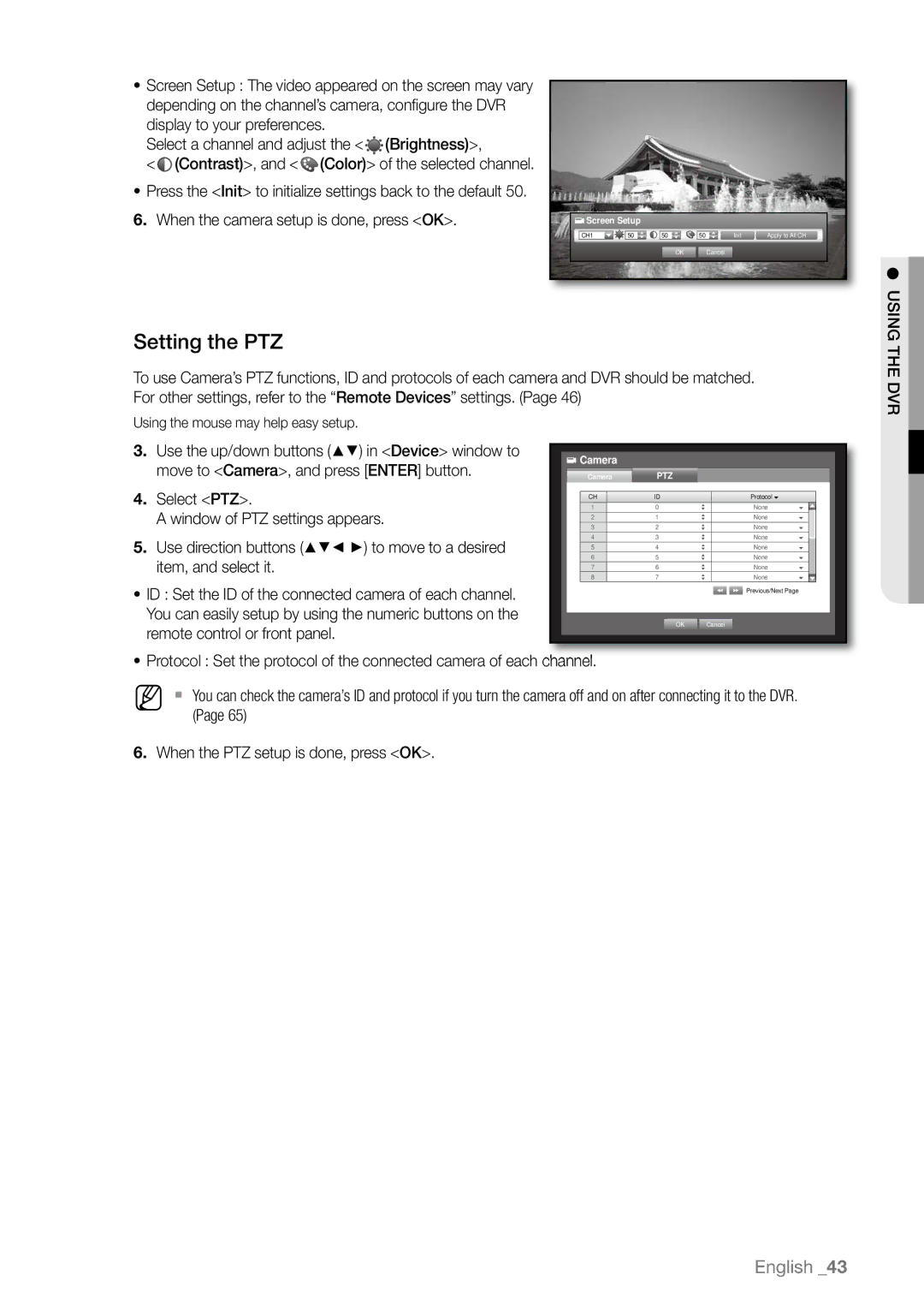 Samsung SHR-6082P, SHR-6163P, SHR-6080P, SHR-6160P, SHR-6162P, SHR-6164P/CDM, SHR-6082N manual Setting the PTZ, Using the DVR 