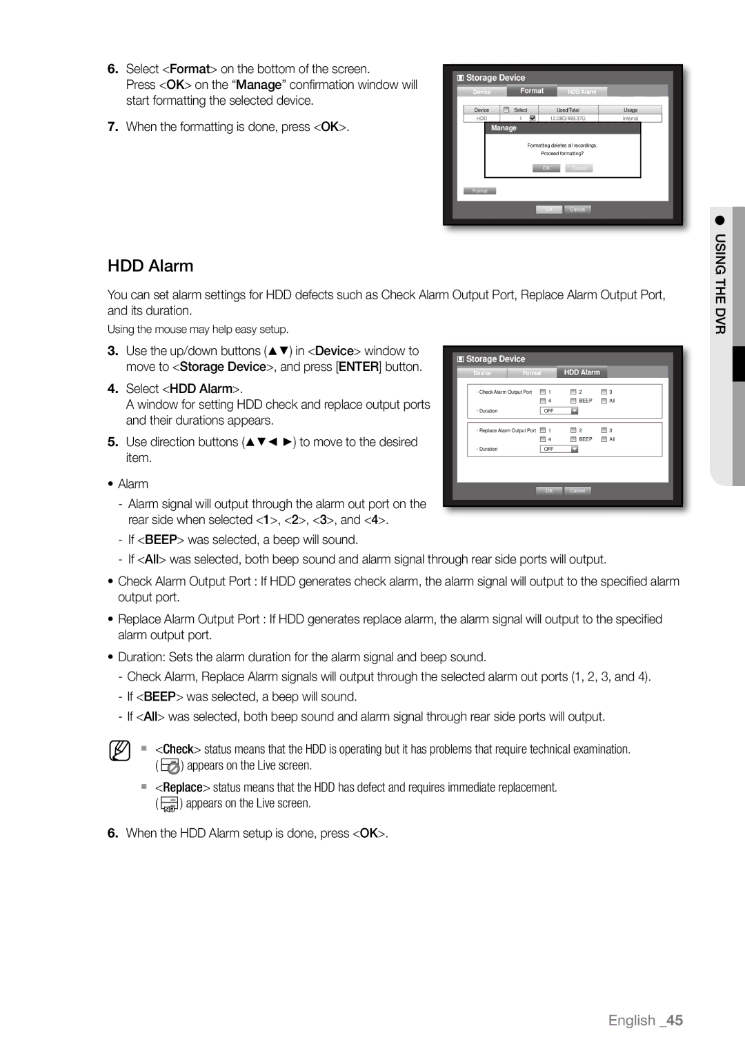 Samsung SHR-6164P, SHR-6163P Select HDD Alarm, Their durations appears, Use direction buttons to move to the desired 