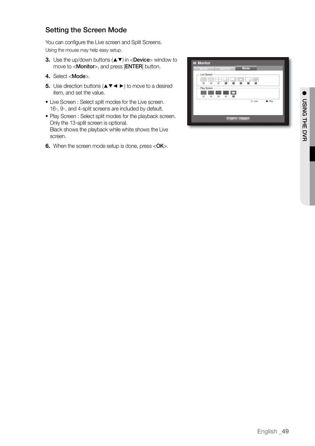 Samsung SHR-6082P/CDM, SHR-6163P, SHR-6080P Setting the Screen Mode, You can conﬁ gure the Live screen and Split Screens 