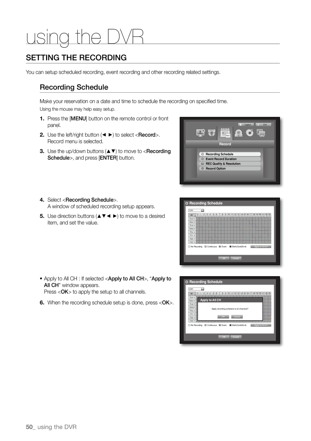 Samsung SHR-6163P, SHR-6080P, SHR-6160P, SHR-6082P, SHR-6162P, SHR-6164P, SHR-6082N Setting the Recording, Recording Schedule 