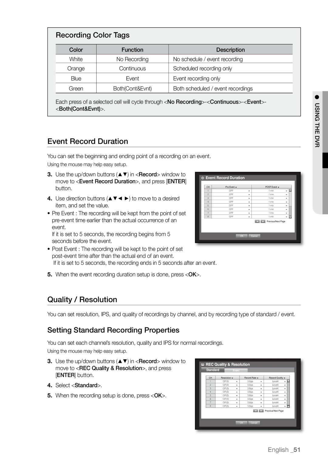 Samsung SHR-6080P Event Record Duration, Quality / Resolution, Recording Color Tags, Setting Standard Recording Properties 