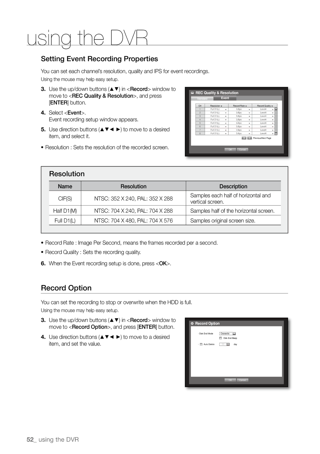 Samsung SHR-6160P, SHR-6163P, SHR-6080P, SHR-6082P, SHR-6162P Record Option, Setting Event Recording Properties, Resolution 