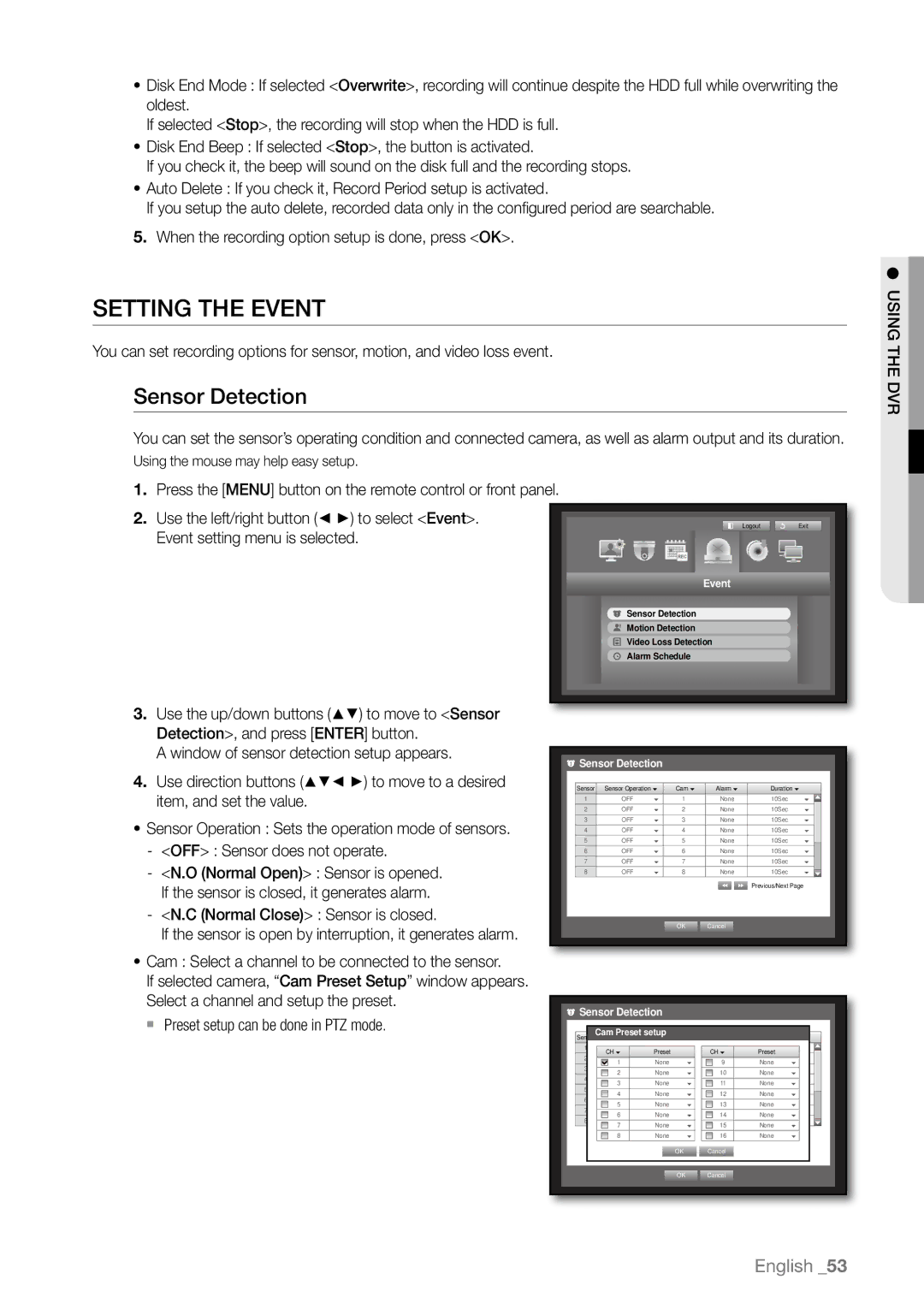 Samsung SHR-6082P, SHR-6163P, SHR-6080P, SHR-6160P manual Setting the Event, Sensor Detection, Normal Close Sensor is closed 