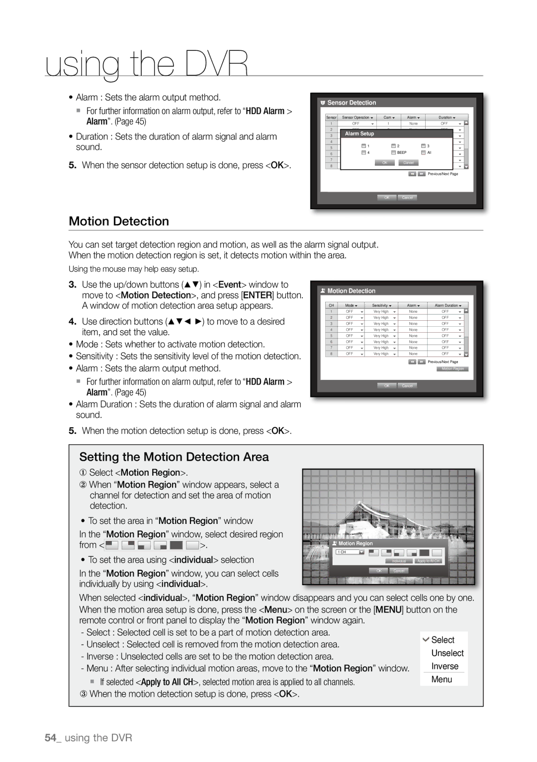 Samsung SHR-6162P, SHR-6163P Setting the Motion Detection Area, ③ When the motion detection setup is done, press OK 