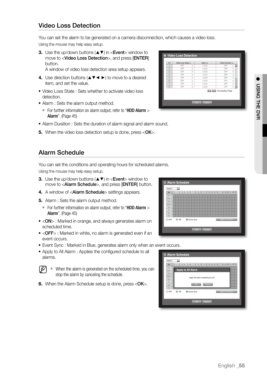 Samsung SHR-6163P, SHR-6080P, SHR-6160P, SHR-6082P, SHR-6162P, SHR-6164P/CDM, SHR-6082N Video Loss Detection, Alarm Schedule 