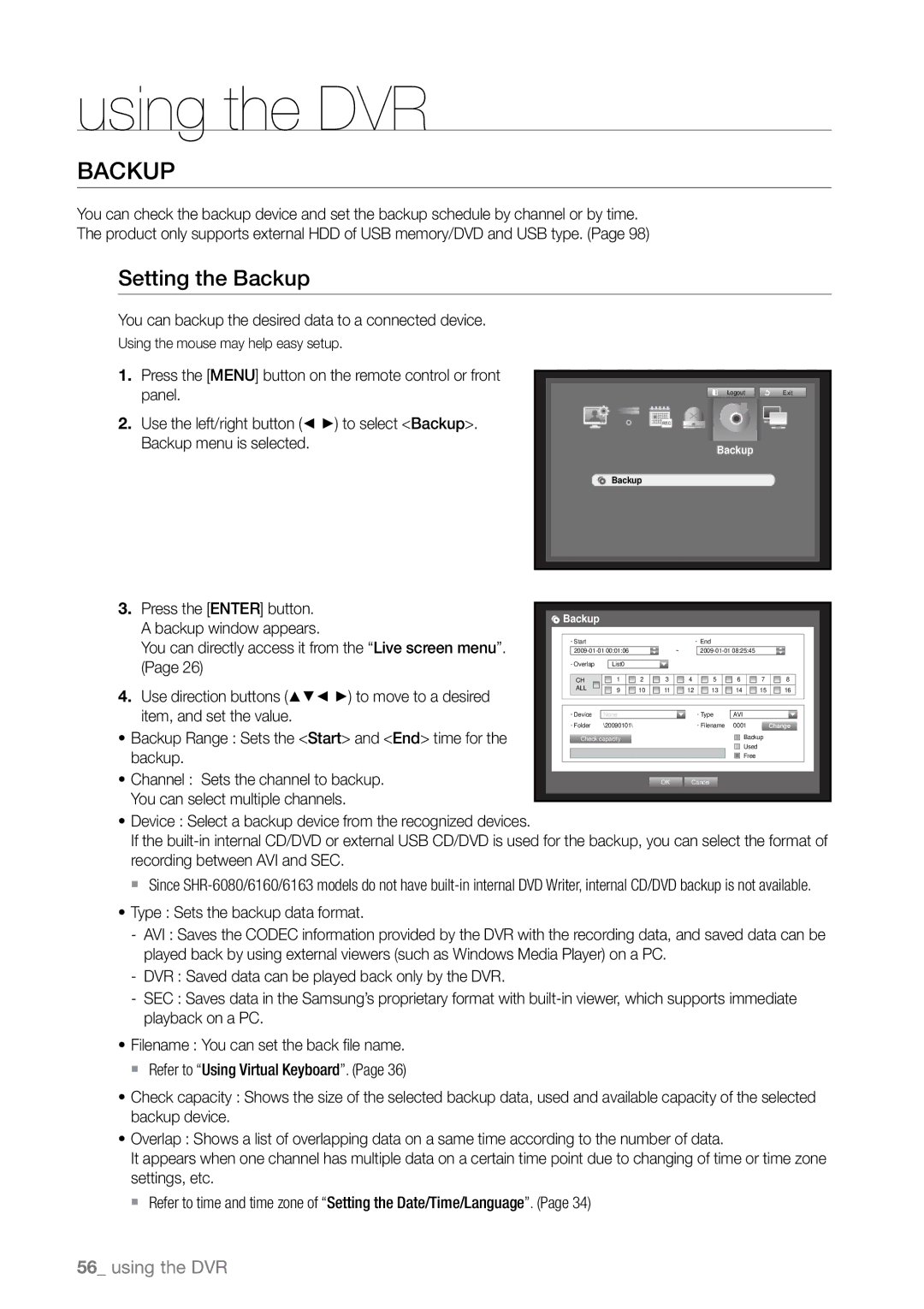 Samsung SHR-6164P/CDM, SHR-6163P, SHR-6080P Setting the Backup, You can backup the desired data to a connected device 